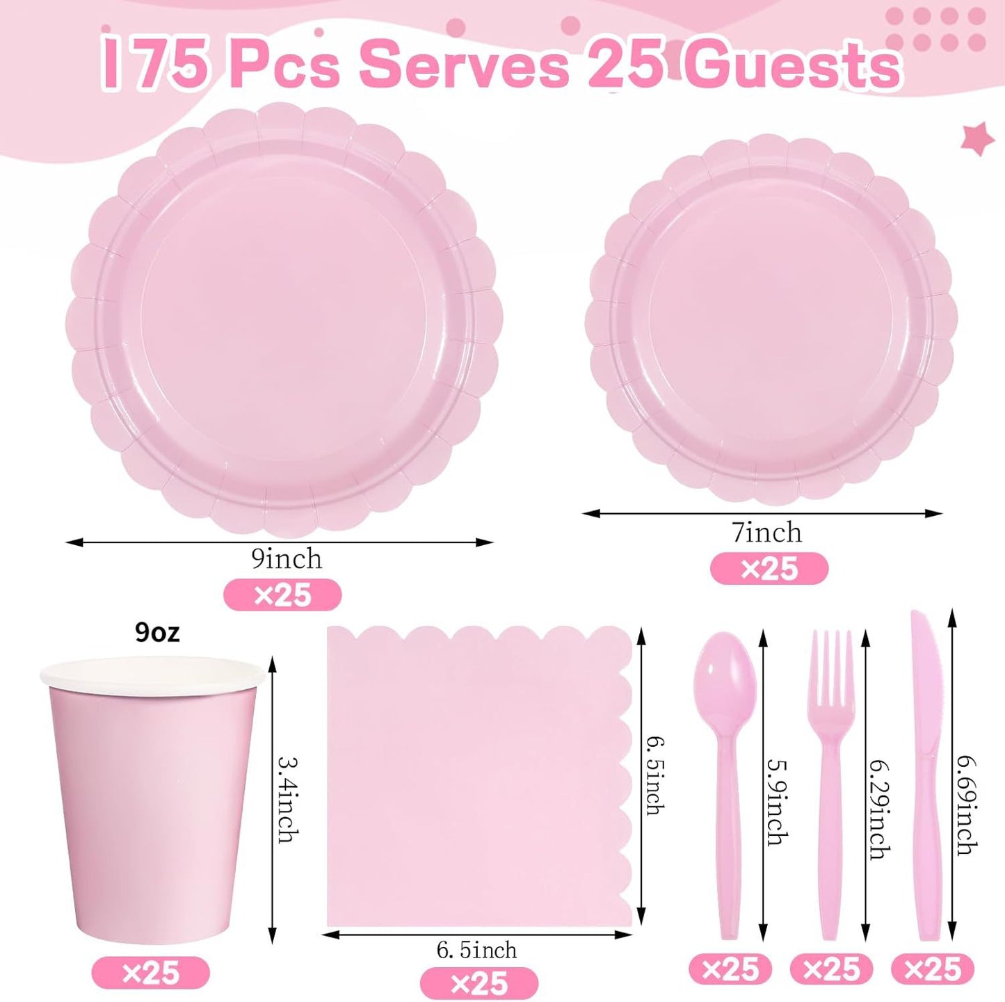 레이스 테두리 파티 세트 (일회용 접시와 컵, 9인치 및 7인치 접시 각 25개, 냅킨 25개, 식기류 25개 포함) - 축제 분위기의 테이블웨어 세트