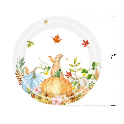 추수감사절 호박 & 단풍잎 디자인 일회용 식기 세트, 9인치 및 7인치 접시 (각 25개), 컵 25개, 냅킨 25개, 수저 25개 – 가을 휴일 파티 용품