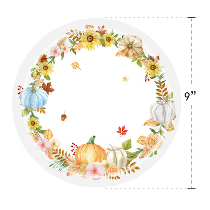 추수감사절 호박 & 단풍잎 디자인 일회용 식기 세트, 9인치 및 7인치 접시 (각 25개), 컵 25개, 냅킨 25개, 수저 25개 – 가을 휴일 파티 용품