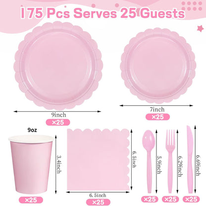 레이스 테두리 파티 세트 (일회용 접시와 컵, 9인치 및 7인치 접시 각 25개, 냅킨 25개, 식기류 25개 포함) - 축제 분위기의 테이블웨어 세트